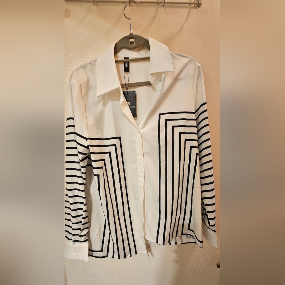 White Button-Front Blouse with Black Geometric Stripes